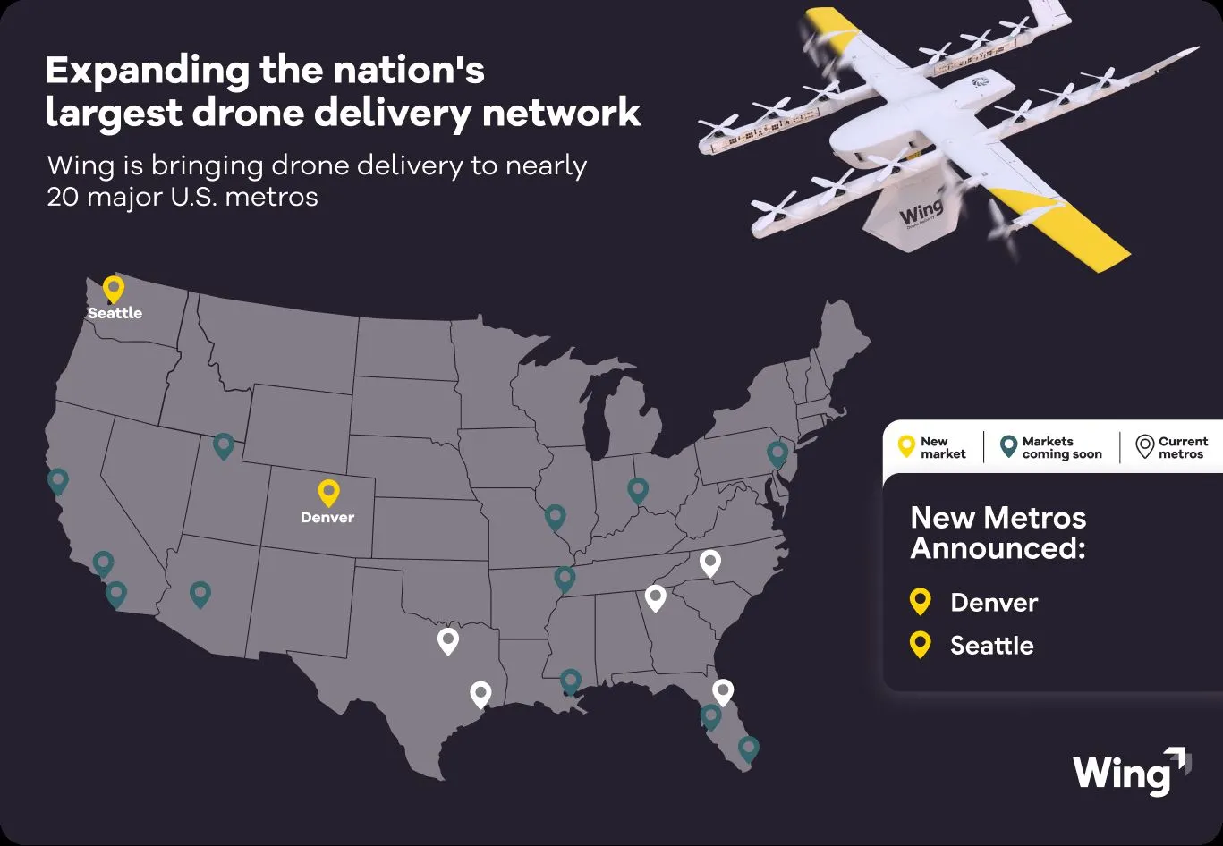 Map of the US with pins showing where Walmart and Wing have brought drone delivery (white pins), 'coming soon' markets (green pins) and newly announced markets (yellow pins)