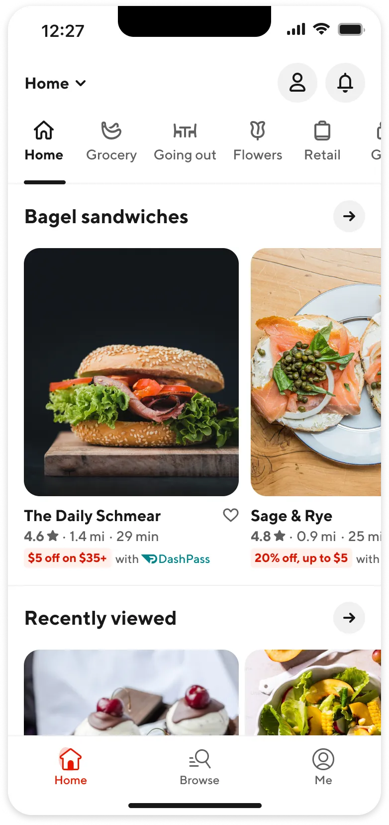 An image of a DoorDash main page with Bagel Sandwiches highlighted