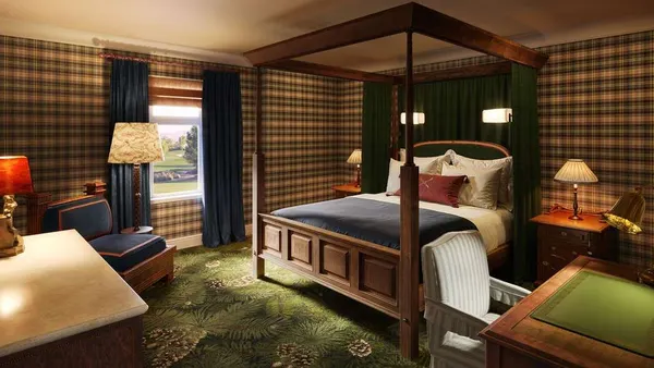 A rendering of a hotel room.