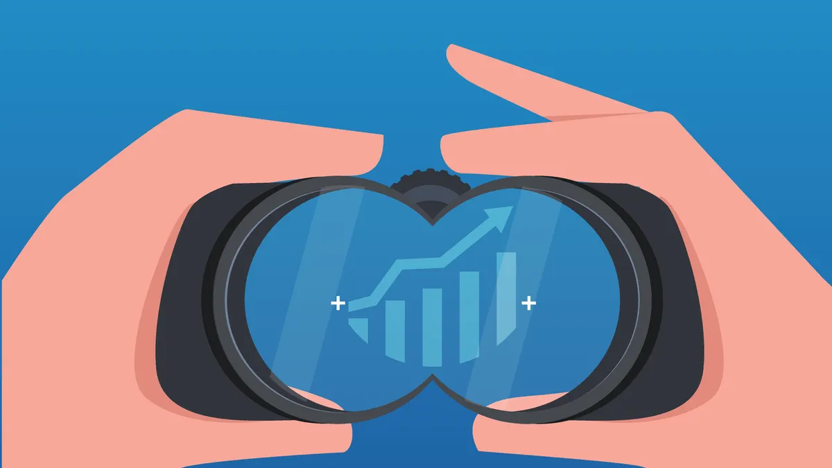 Businessmen use telescopes to observe the growth of business data
