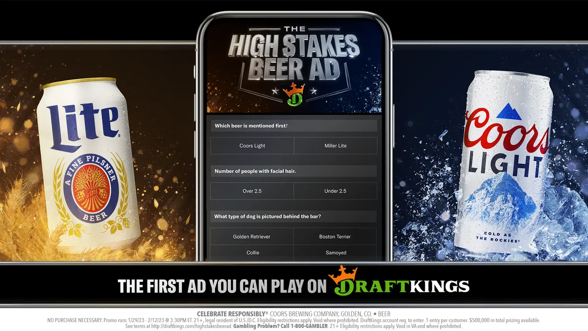 A phone screen depicts questions from DraftKing's High Stakes Beer Ad contest.