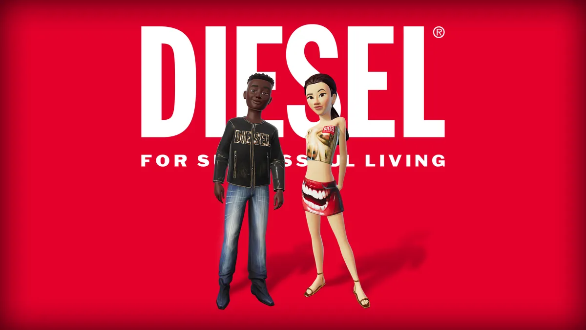 Two Meta avatars posing for the DressX x Diesel collection.