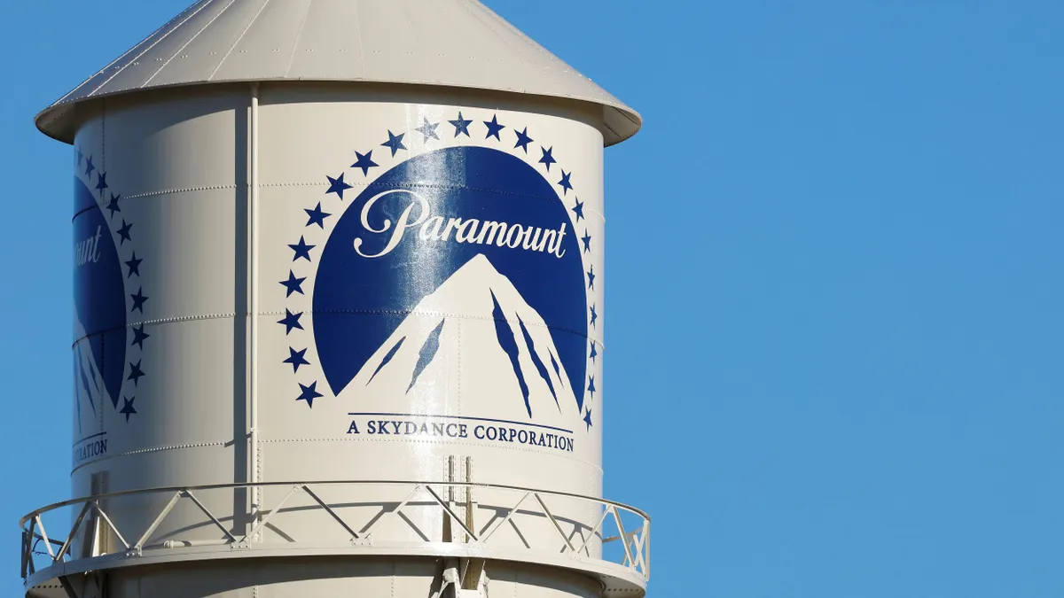 The Paramount logo displayed on a water tower.
