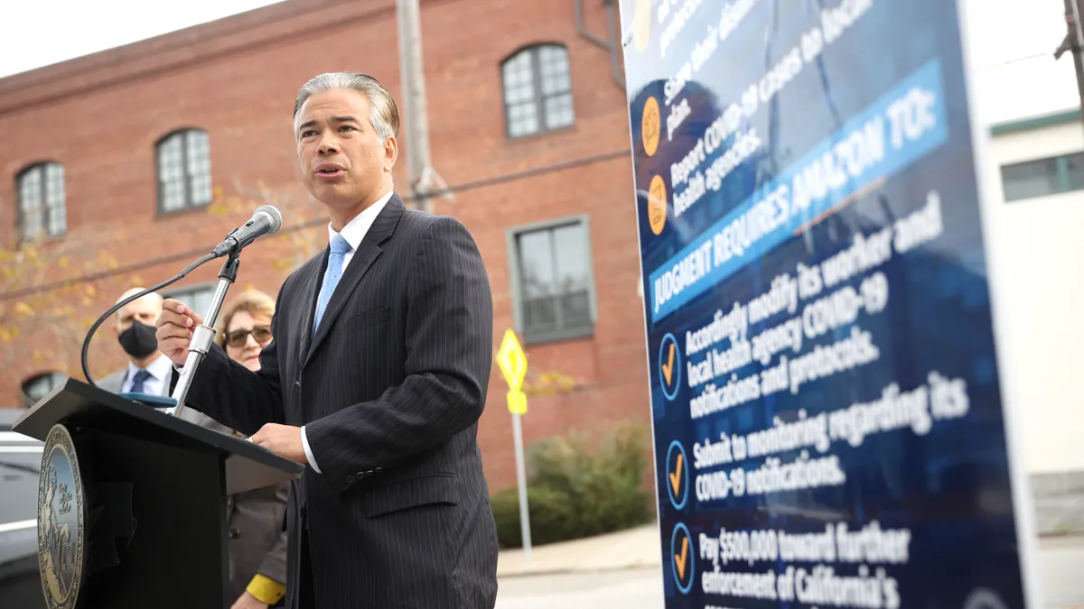 California Attorney General Rob Bonta speaks during a news conference.