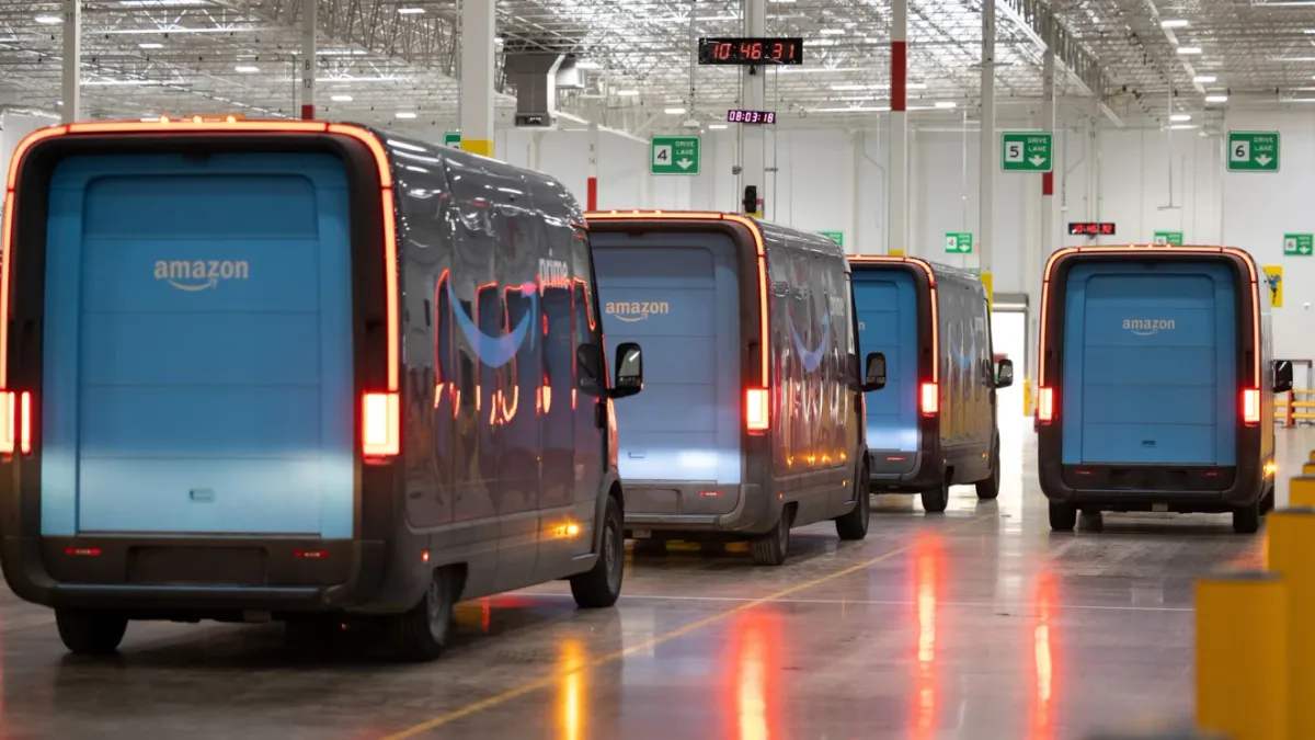 A fleet of Rivian-produced electric vehicles.