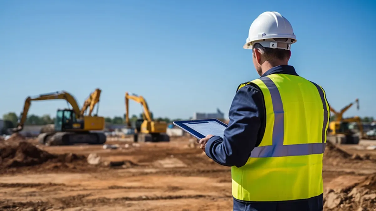 Man looking at tablet at construction site with excavator