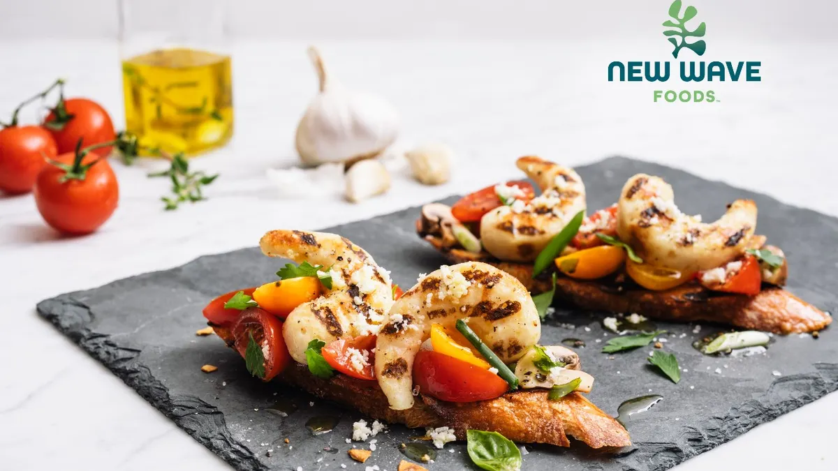 New Wave Foods' plant-based shrimp in bruschetta