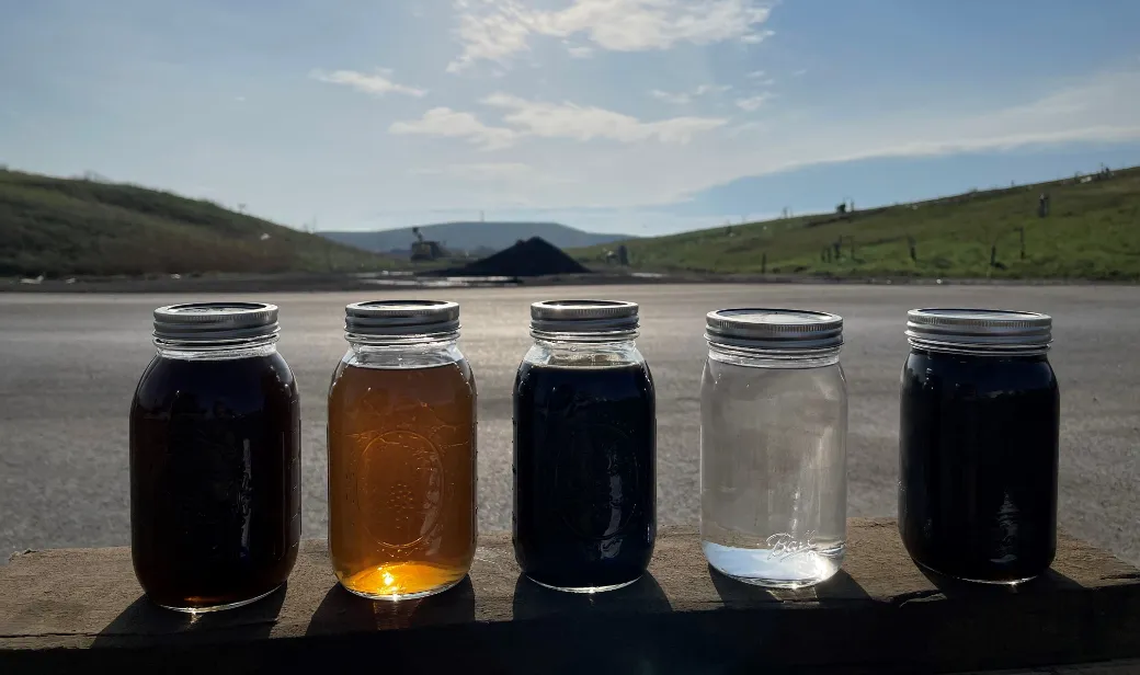 Landfill leachate water filtered through ZwitterCo Superfiltration (SF) and RO membranes. From left to right: SF Feed Water > SF Permeate > SF Concentrate > RO Permeate > RO Concentrate