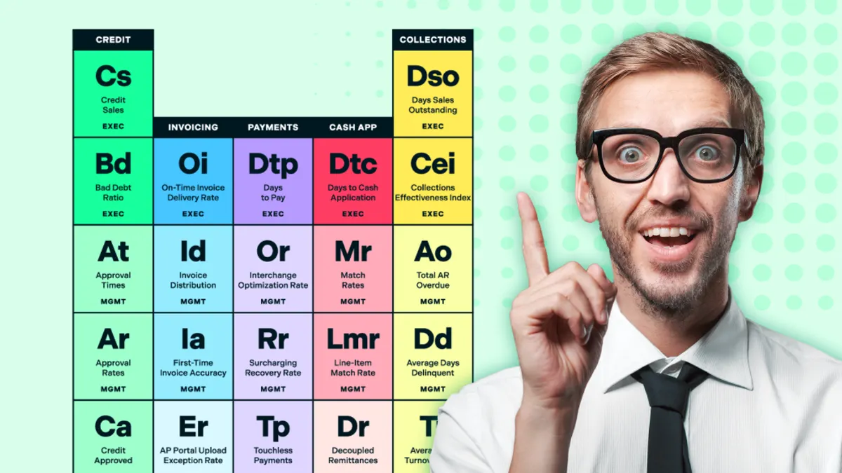 A man wearing glasses and a tie points to a colorful "periodic table" displayed on a wall.