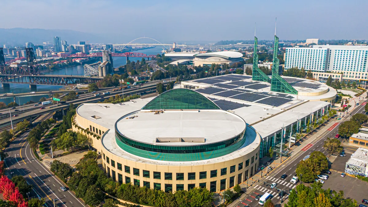 An aerial view of the Oregon Convention Center in Portland, Oregon.