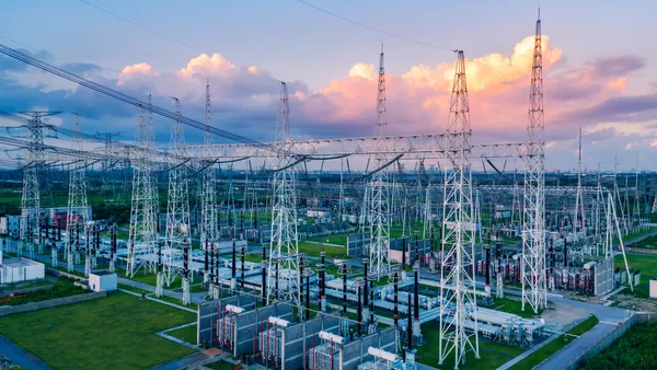 Aerial view of a high voltage substation.