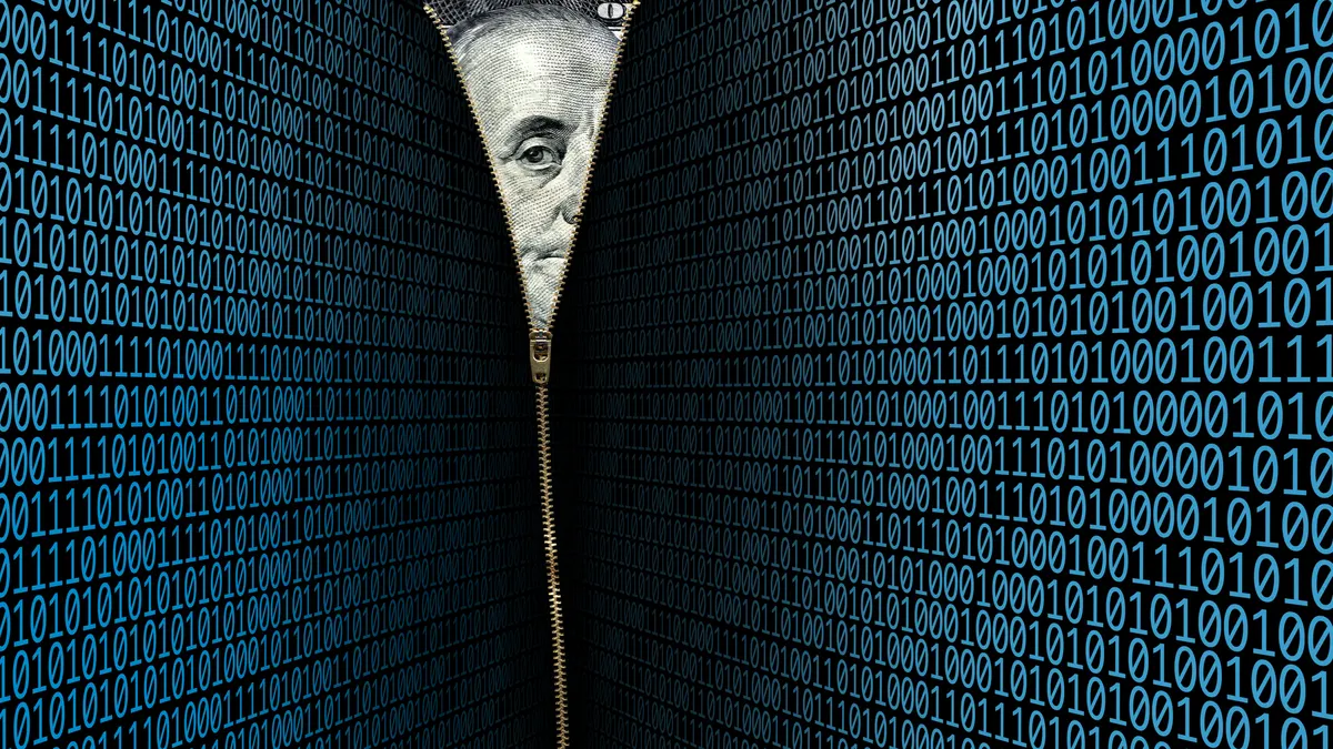 A wall of binary code is partly unzippered, revealing the face of Ben Franklin as seen on the $100 bill.