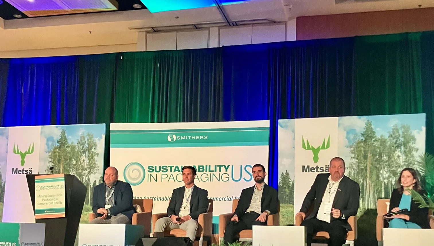 Seated on stage, Joe Riconosciuto, Clint Pugh, Gaspard Duthilleul, Jeff Snyder and Natalie Betts at Smithers’ Sustainability in Packaging US conference in Chicago on March 6, 2025.