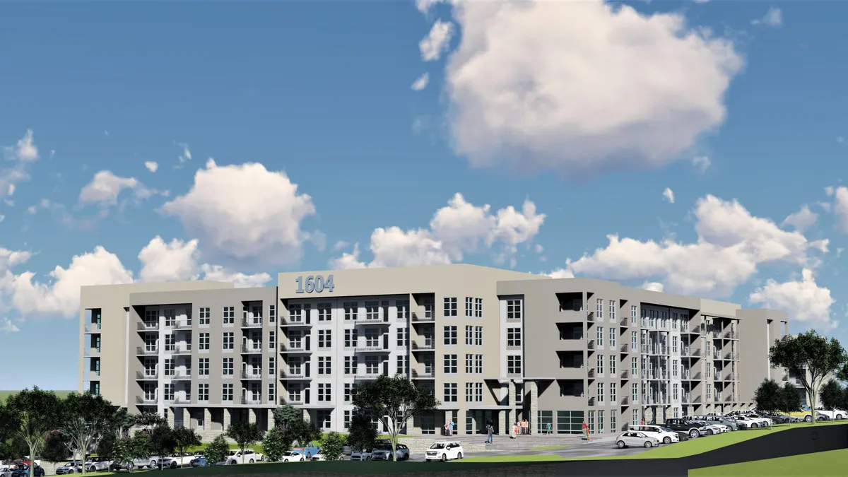 A rendering of the white exterior of an apartment building.