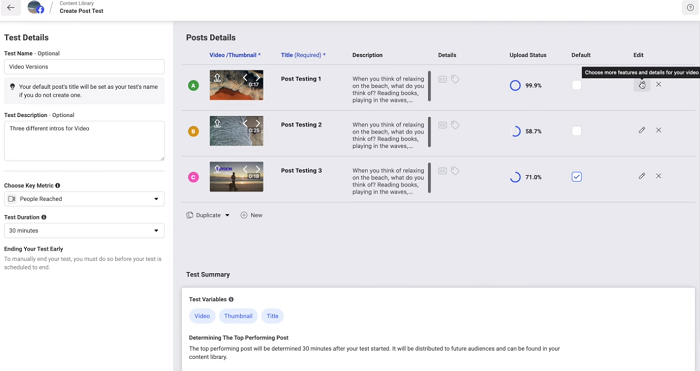 Facebook post testing