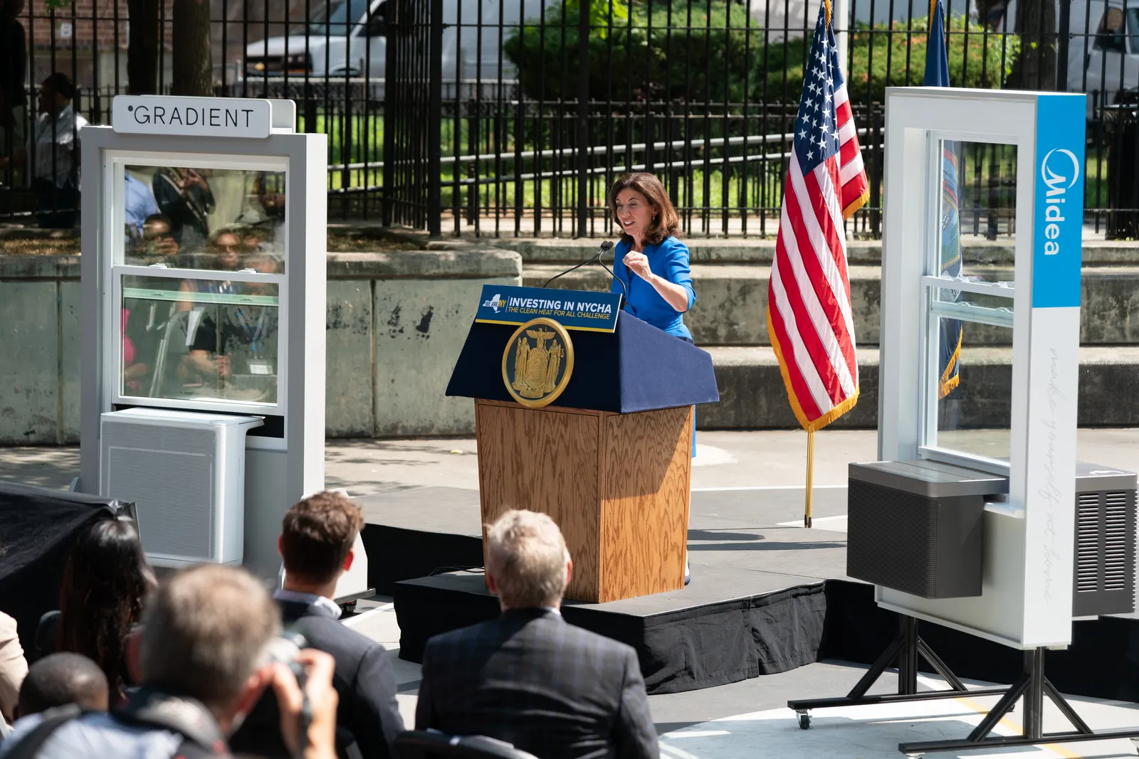 New York Governor Kathy Hochul at an event announcing heat pump unit manufacturers Gradient and Midea as contract winners in the Clean Heat for All Challenge.