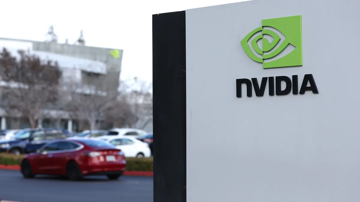 A sign is posted in front of Nvidia headquarters on February 22, 2023 in Santa Clara, California.