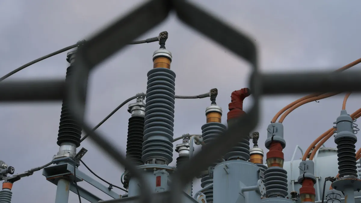 High voltage power lines run through a sub-station