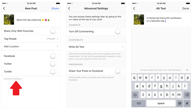 Instagram alternative text entry process