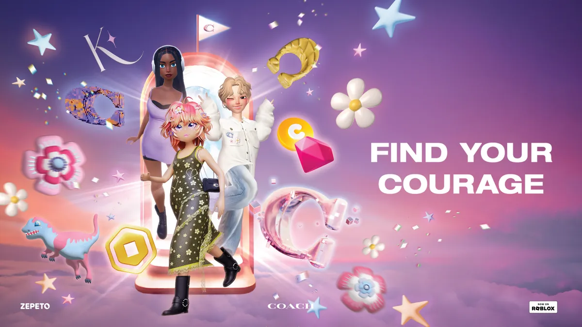 A brand image of Coach, Roblox and Zepeto's collaboration with virtual avatars dressed in Coach apparel.