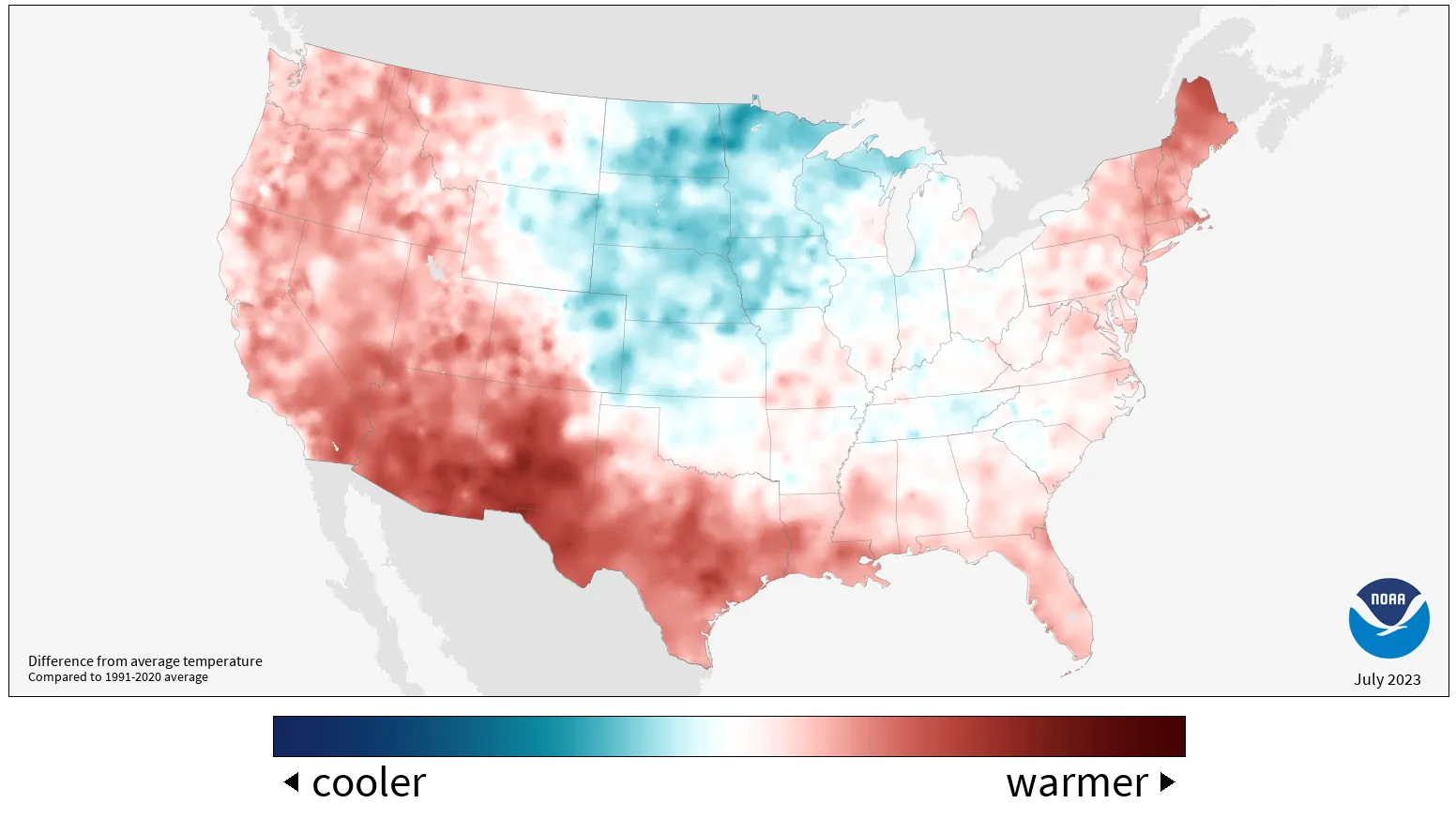 A map showing areas of the United States with heats above average in July 2023. Much of the map is red, indicating higher temperatures.