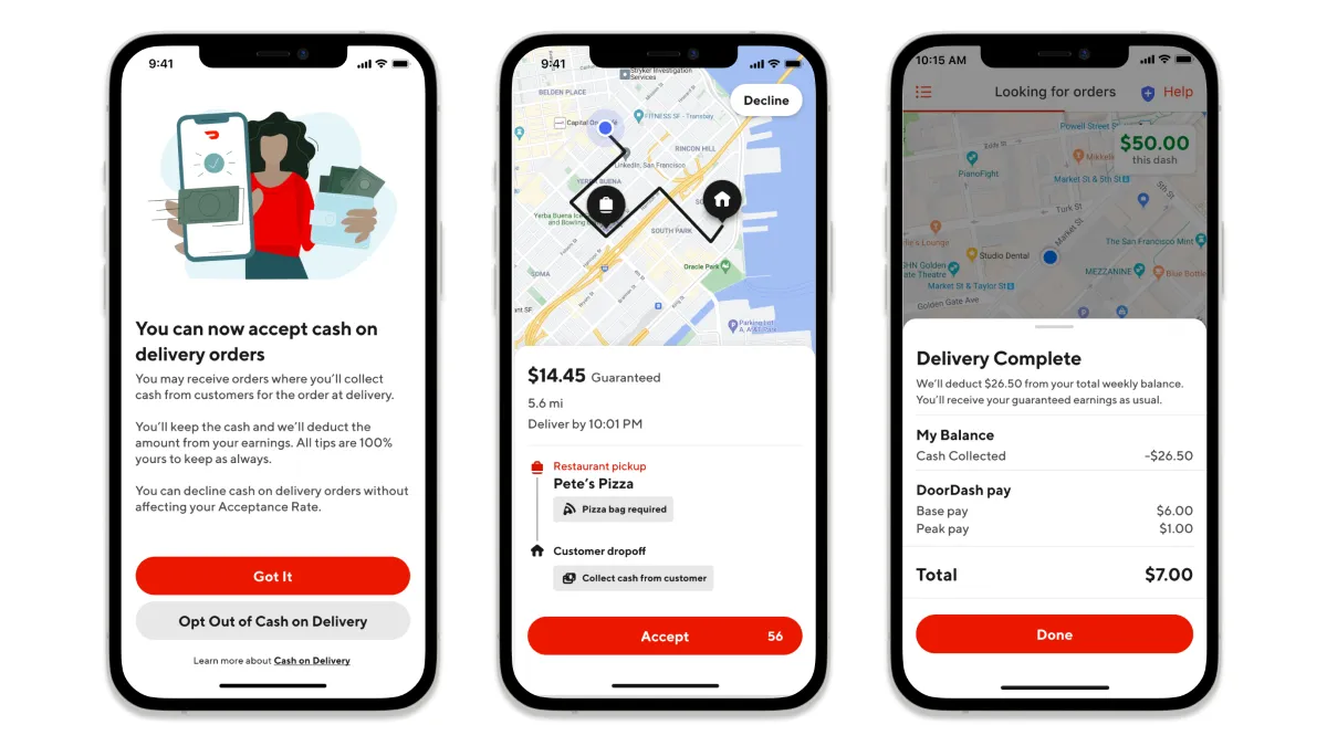 An image of a DoorDash app allowing for cash payments on delivery