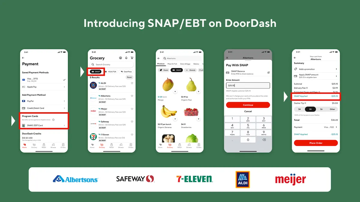 Screenshots of the DoorDash app against a green background.