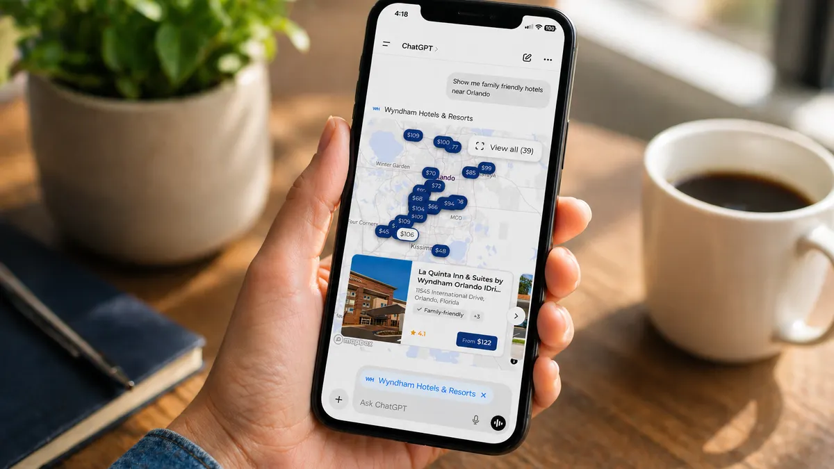 A travelers uses Wyndham's new native ChatGPT app to search for hotel recommendations.