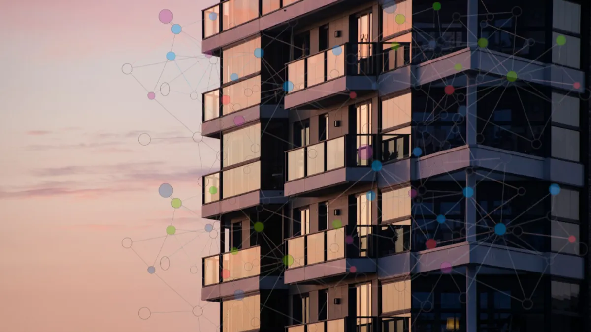 Multifamily unit building with graphic overlaid.