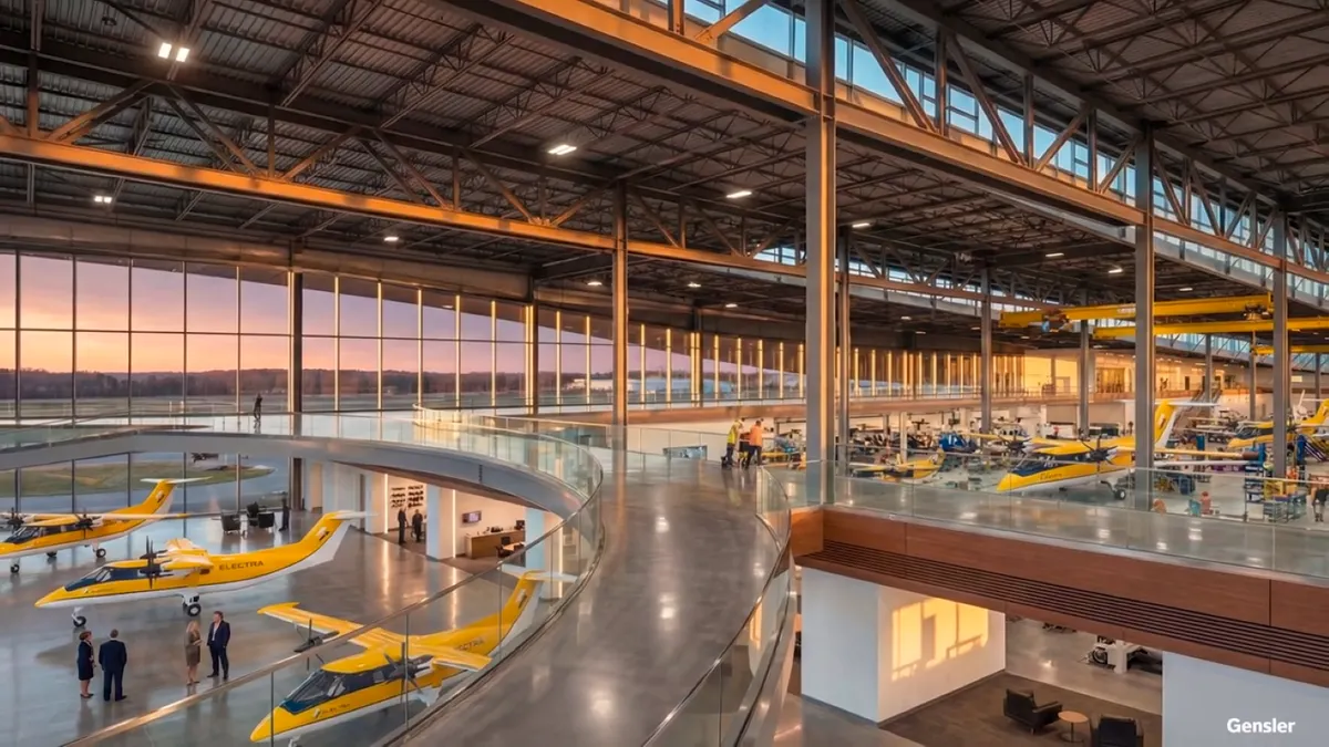 The interior of a manufacturing facility with yellow planes being put together.