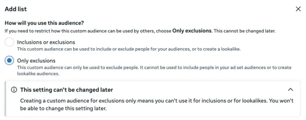 Facebook Exclusion Only audiences