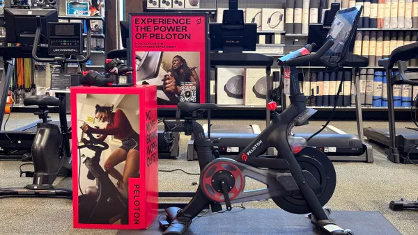 A Peloton bike is displayed at a Dick's Sporting Goods store on May 08, 2024 in Daly City, California.
