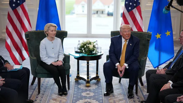 U.S. President Donald Trump speaks during a joint press conference with European Commission President Ursula von der Leyen on July 27, 2025, in Turnberry, Scotland.