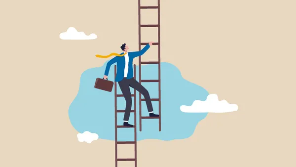 Change job to get growth opportunity, new career path development, transform business to improve for success or achieve target concept, confidence businessman climb up ladder to change to new path.