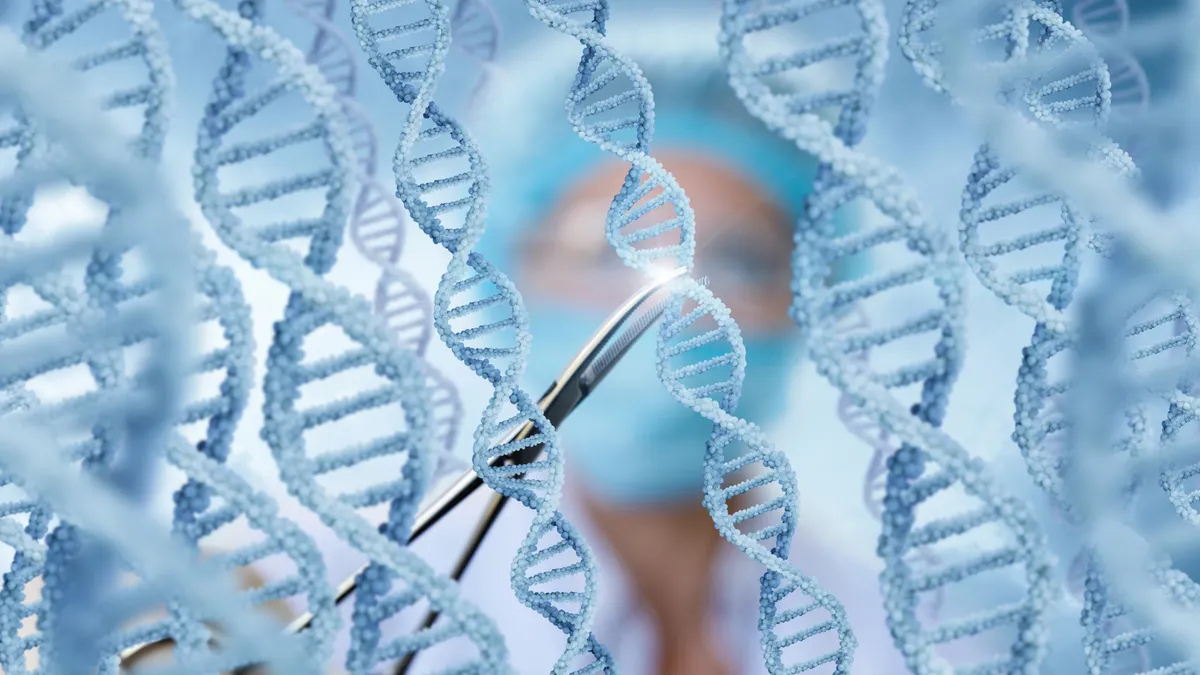 Doctor examines DNA molecules on blurred background.