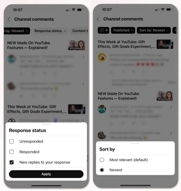 YouTube reply filters