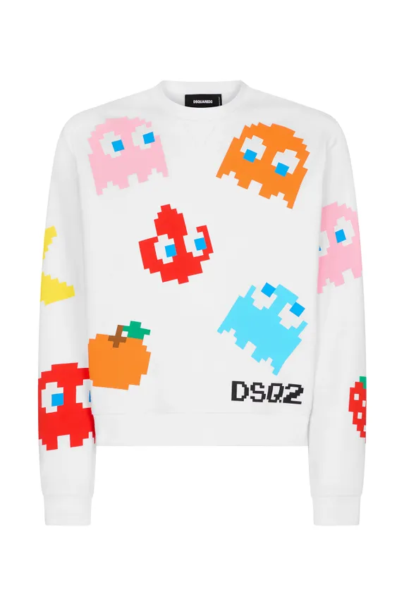 Dsquared2 white sweatshirt featuring images of Pac-Man and the video game ghosts.