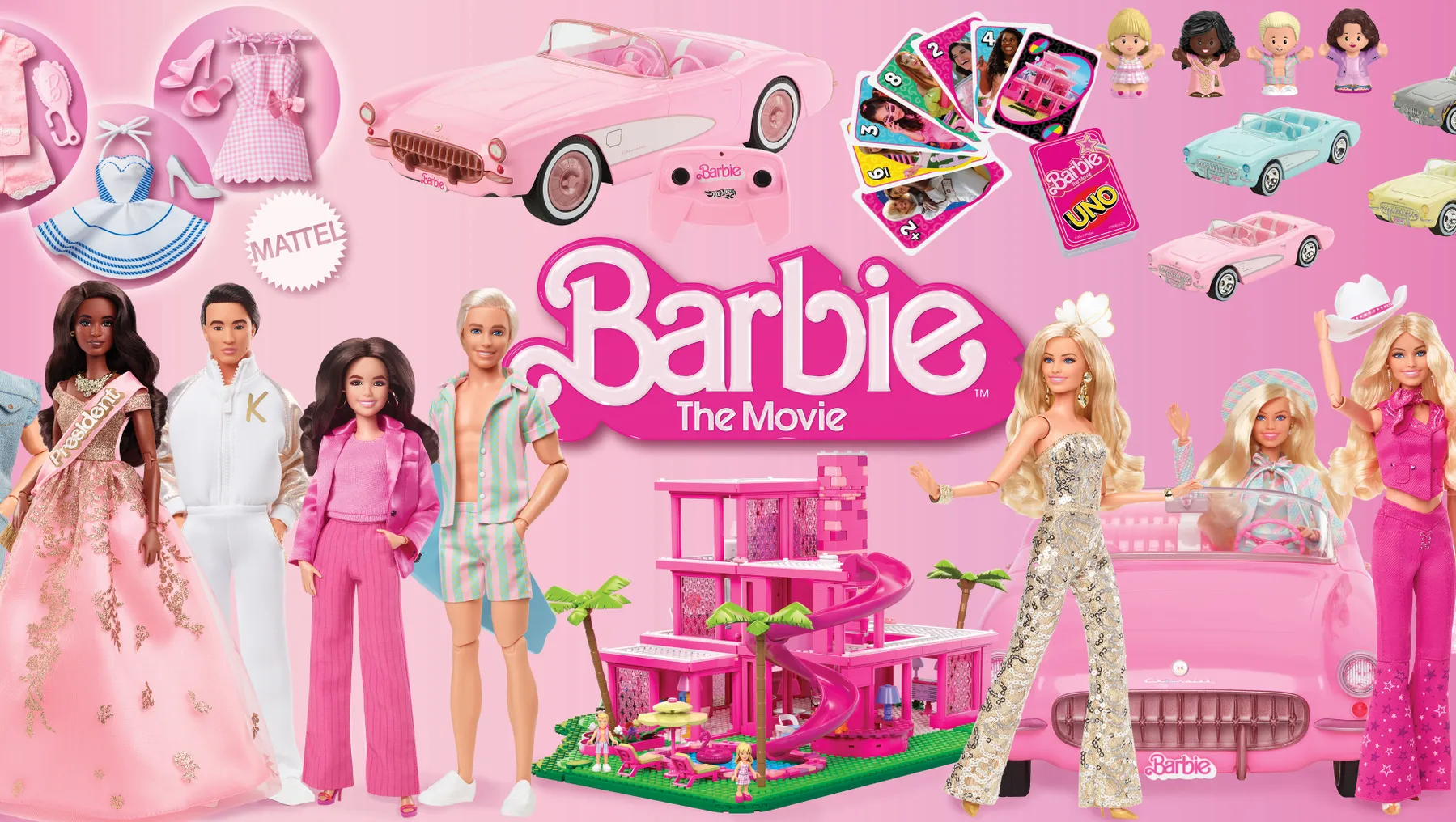 A collage of various dolls and doll accessories, mostly in shades of pink, with the words "Barbie The Movie" in the center.