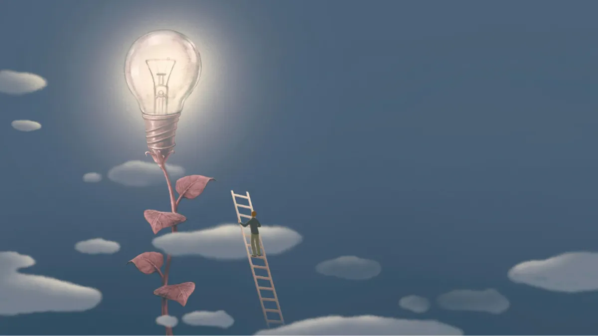 Concept idea of inspiration success business and creativity. surreal art. conceptual 3d illustration. Light bulb tree and a man on a stair.