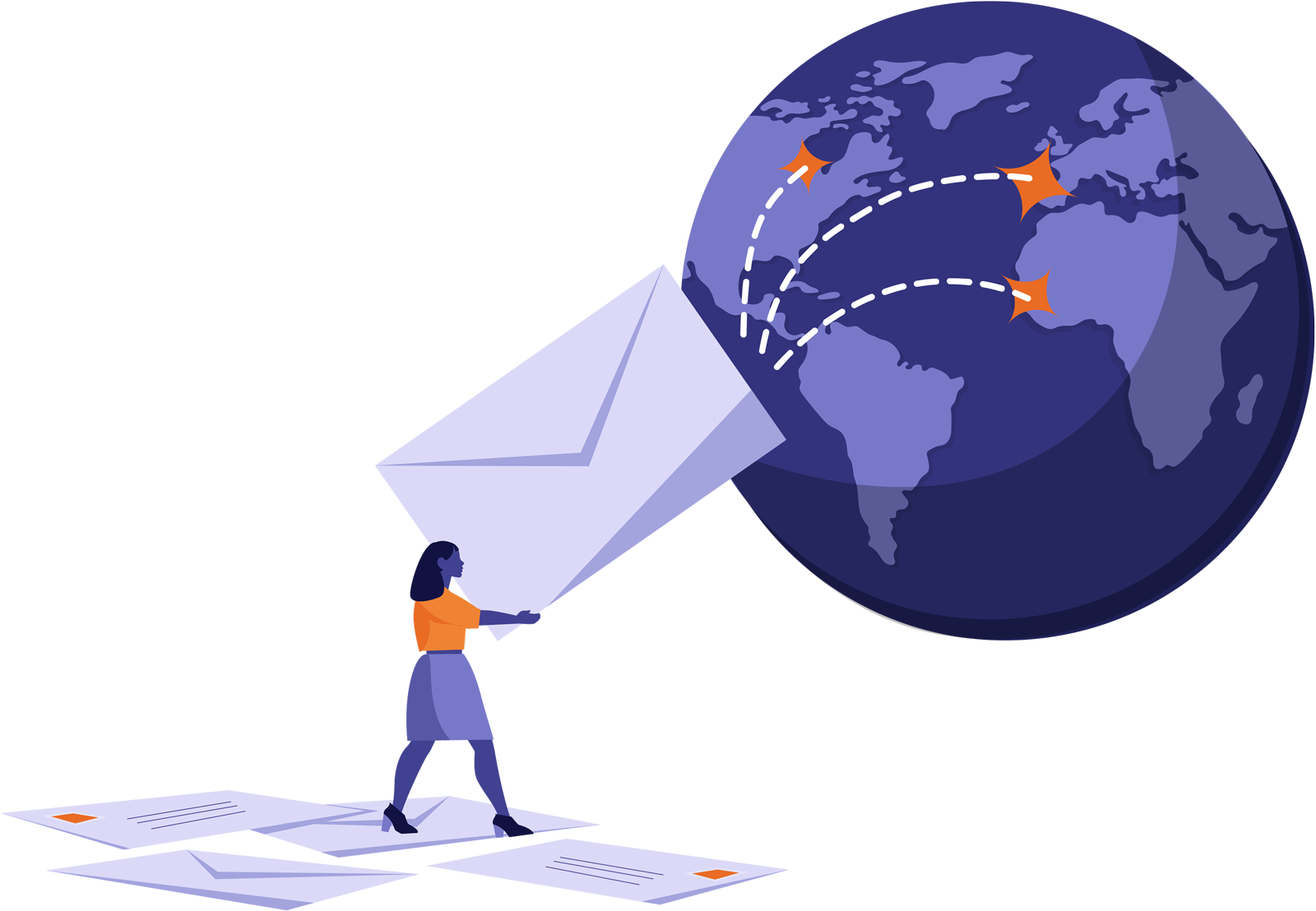 Image of paper letters being sent to several parts of the globe.