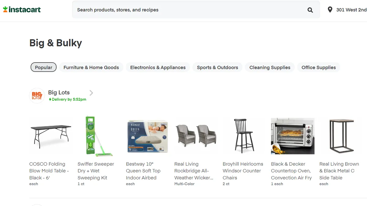 A screenshot of the "Big & Bulky" section of Instacart's marketplace