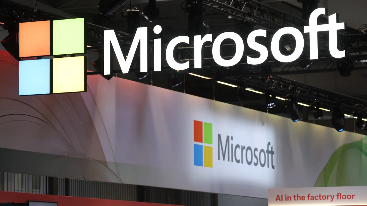 The Microsoft pavilion stands at the 2025 Hannover Messe industrial trade fair on March 31, 2025 in Hanover, Germany.