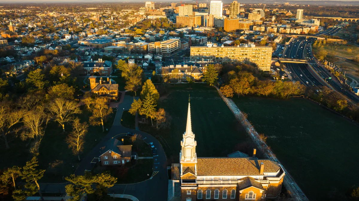 A drone view of the Rutgers University at sunrise in New Brunswick, New Jersey