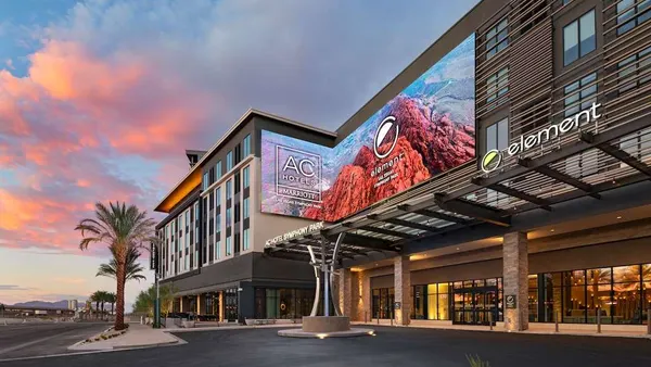 An exterior view of AC Hotel by Marriott Symphony Park and Element by Westin Symphony Park has opened in Las Vegas.