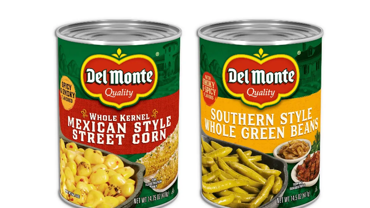 Can of Del Monte Foods' Mexican Style Street Corn and Southern Style Green Beans.