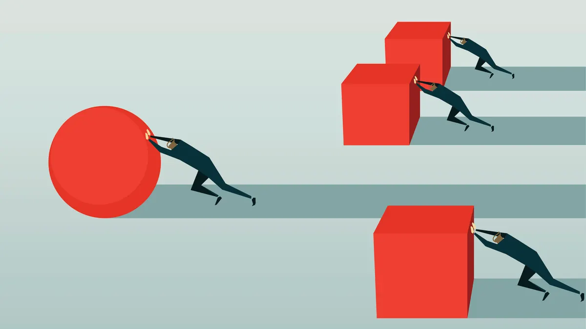 People in a row pushing items. Three people pushing squares and one person pushing a round ball who is head of them all.