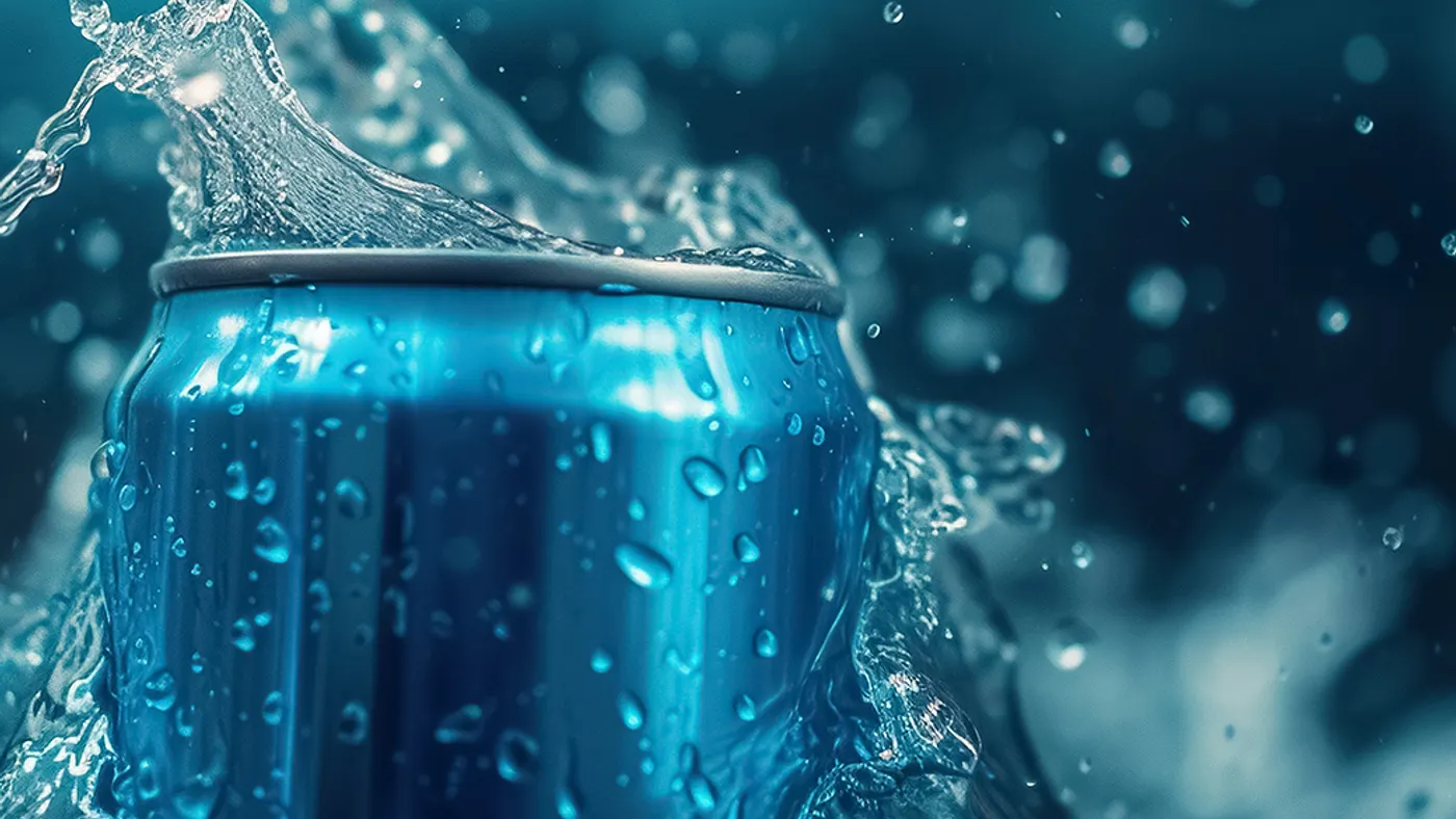 cold colorful metallic soda can in splashing water and with drops of condensate