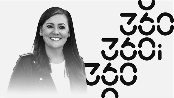 Agency executive Chrstine Cotter appears in black-and-white alongside the new 360i logo