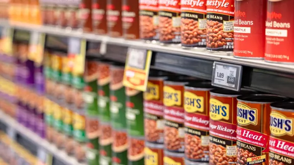 Shelves in grocery store racked with several canned beans