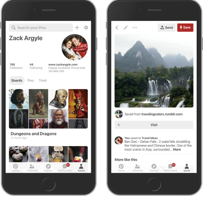 Pinterest's mobile web app screenshots